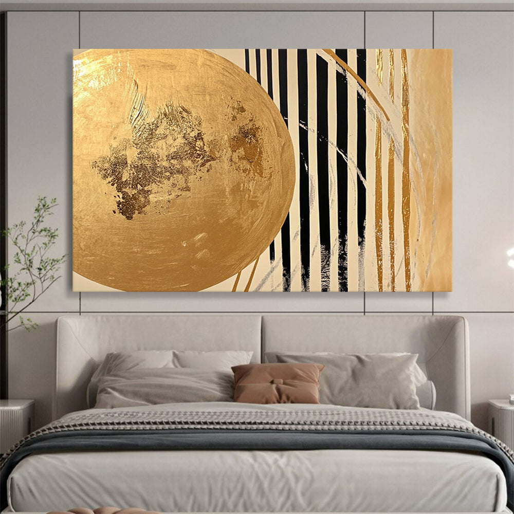 “Gold - Black Striped Abstract” - A gold circle with black and white stripes, Abstract Geometric Painting On Canvas HB0555