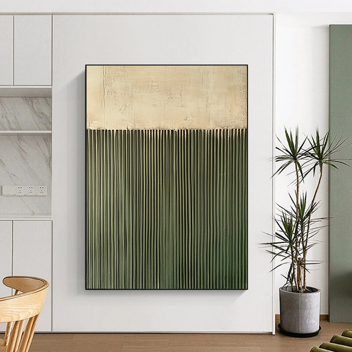 Contemporary hand-painted abstract art featuring a textured green wall with vertical lines against a soft gray background, creating a compelling visual contrast. DLZ1711