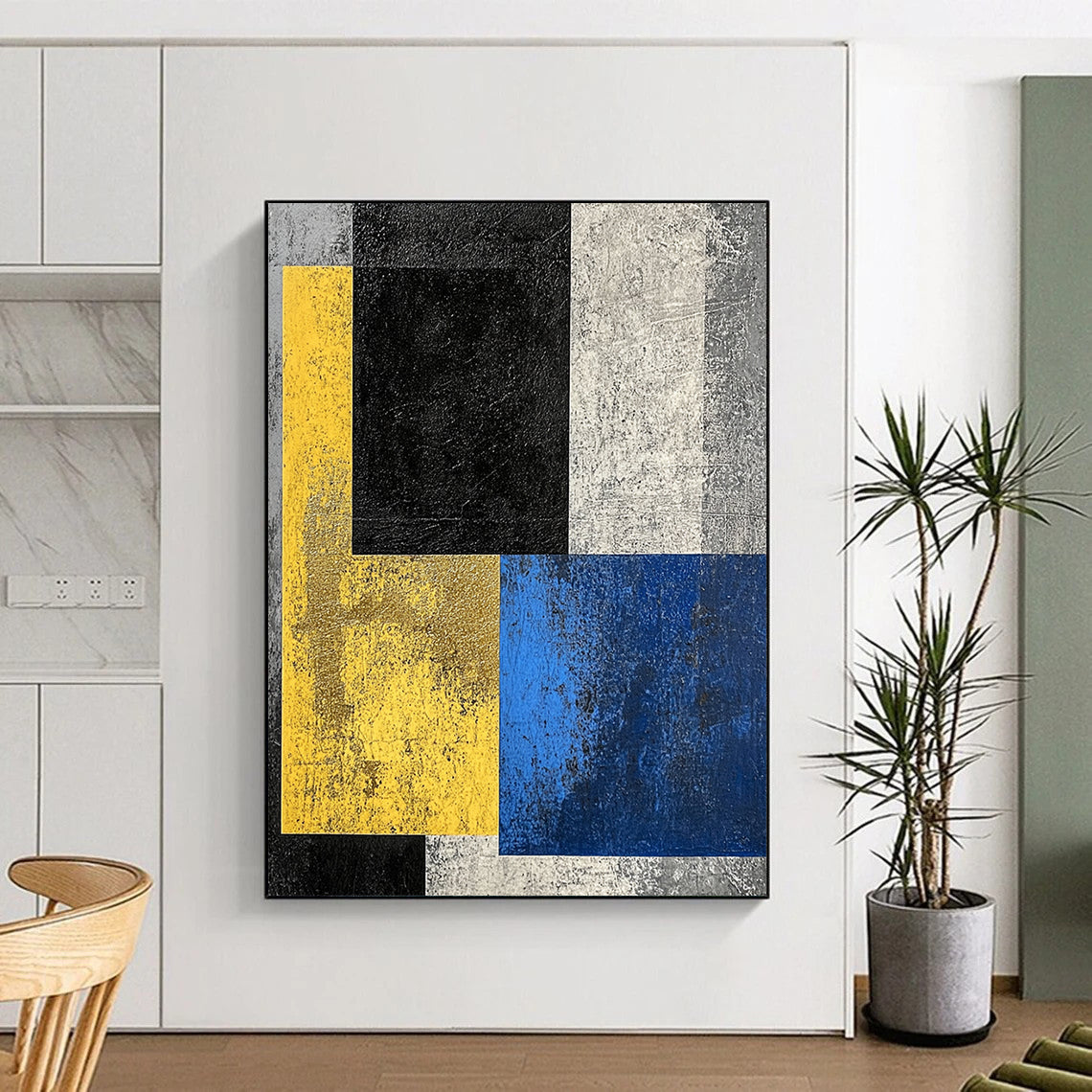 Black, Yellow, Gold, Blue, Gray with Textured Blocks "Colorful Contrast" Abstract Painting On Canvas HB010