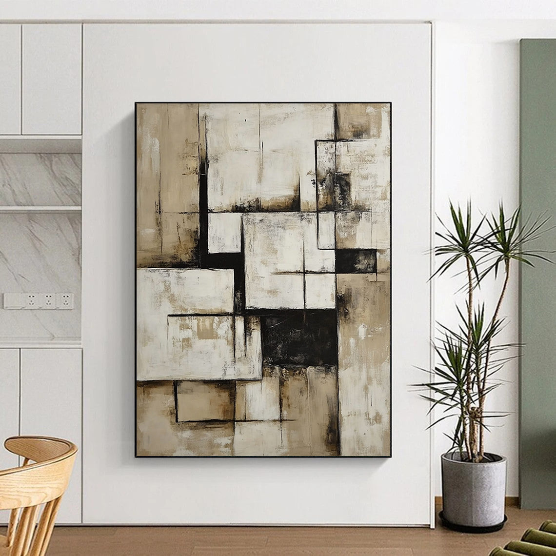 Contemporary hand-painted abstract art in neutral beige and white features geometric shapes and bold black accents for a striking visual impact. DLZ0849