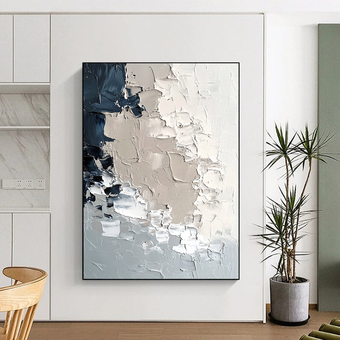 Contemporary hand-painted abstract art featuring textured icebergs in soft neutral tones and melting snowflakes, evoking a modern minimalist aesthetic. DLZ0427