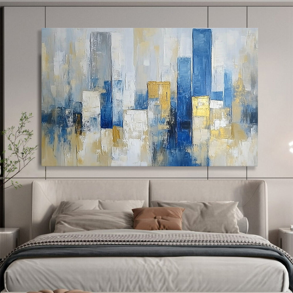 “Minimalist City Abstraction” - Blue, Gray, Gold, Abstract Cityscape HB1137