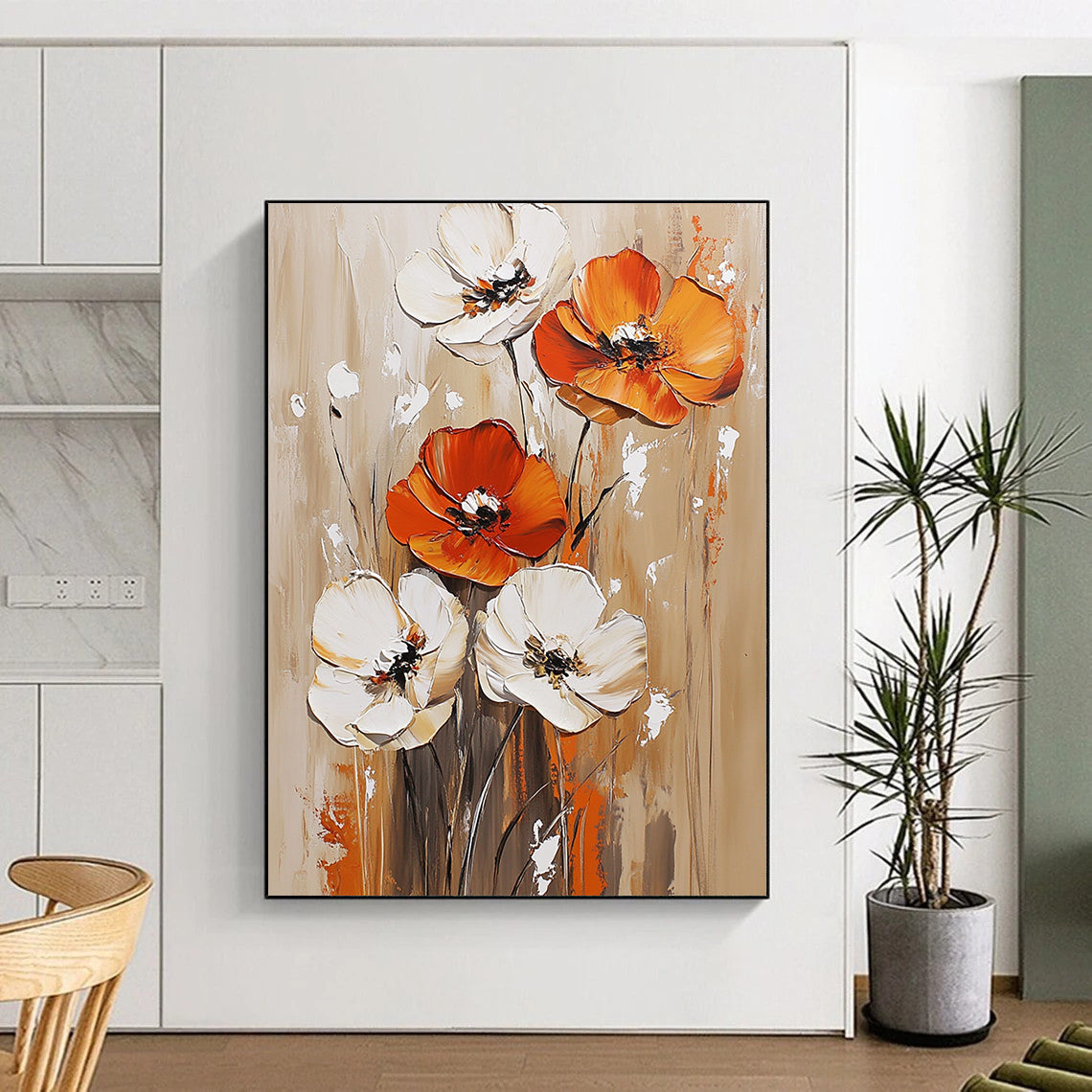 Contemporary hand-painted abstract artwork featuring vibrant orange and white flowers on a light brown background with rich accents in dark red and gold. DLZ0631