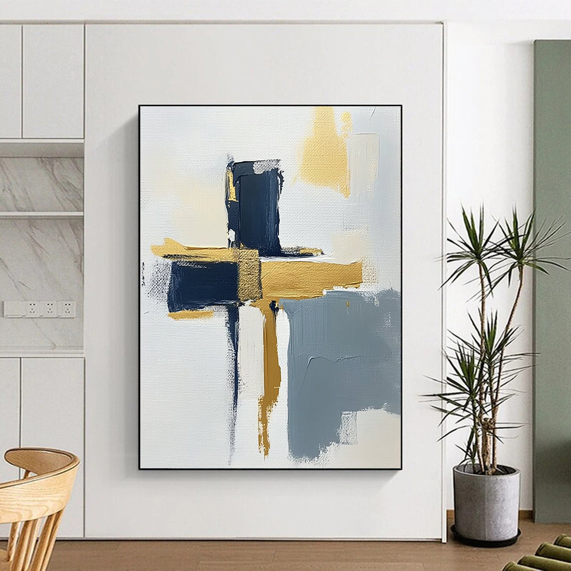 Contemporary hand-painted abstract art featuring a minimalist cross design on a textured canvas with gold highlights navy blue and gray accents. DLZ0592
