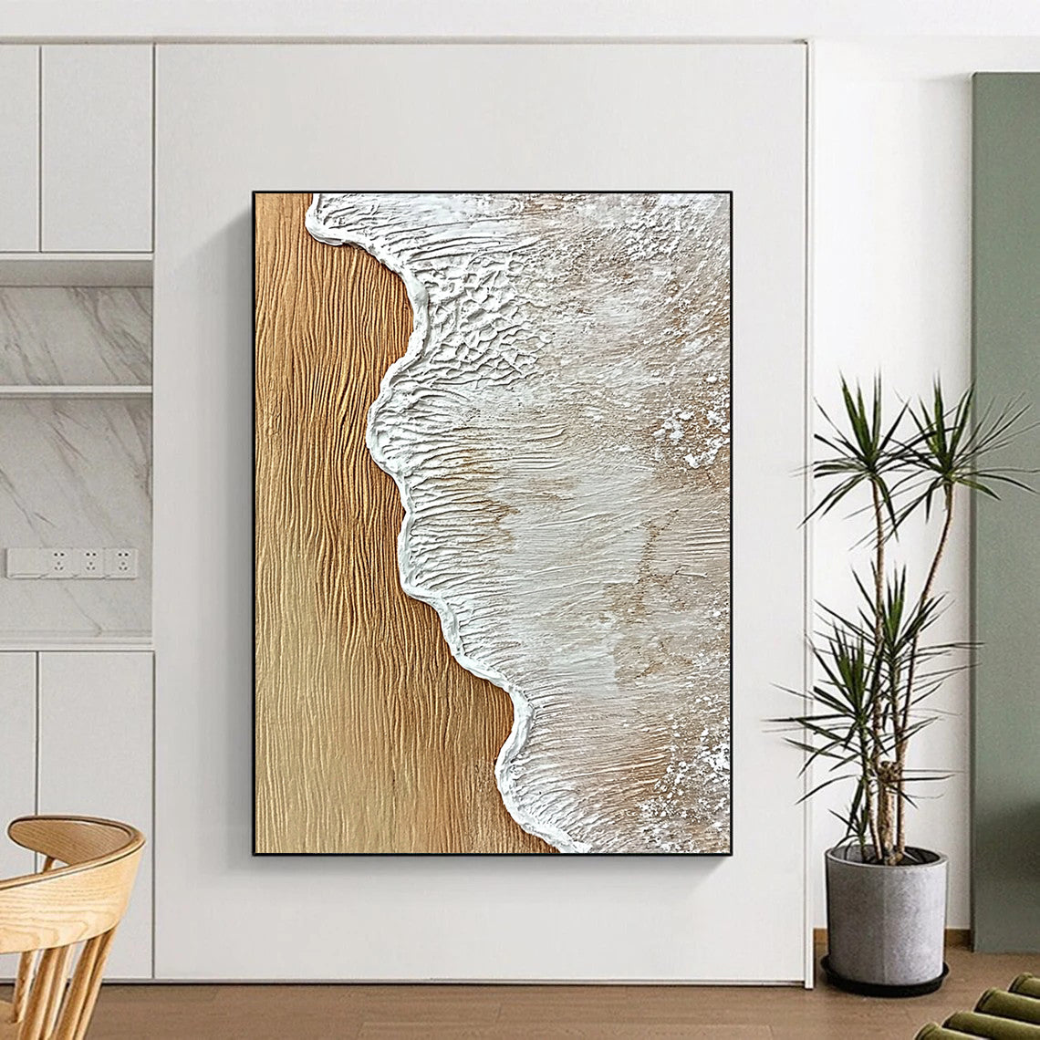 Contemporary hand-painted abstract artwork featuring textured sand and wood with ocean wave edge in white, capturing the essence of sea foam. DLZ1206