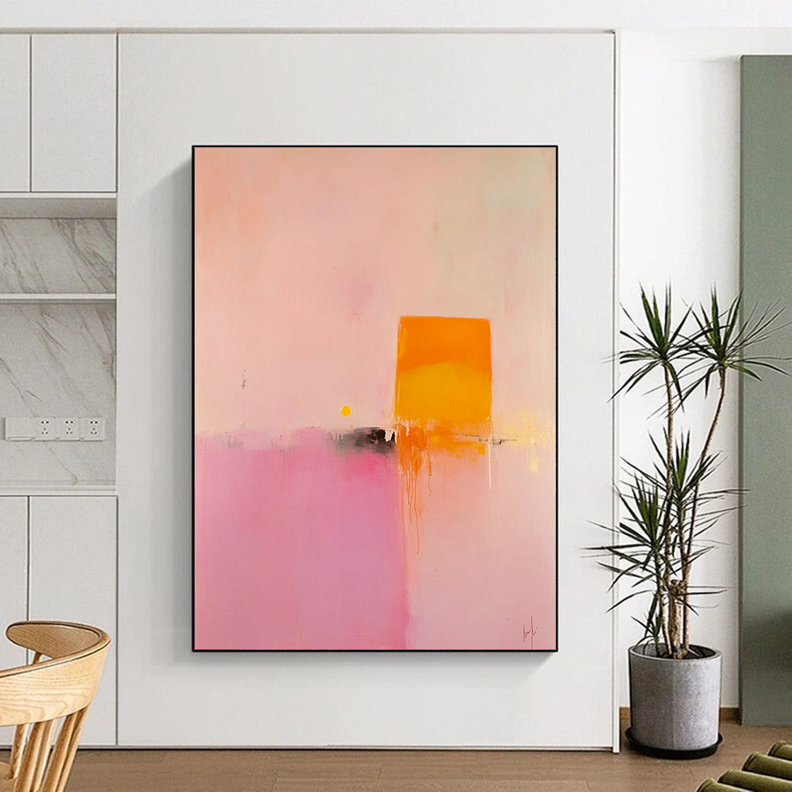 Contemporary hand-painted abstract art featuring soft pink and orange hues with a central yellow geometric shape creating a serene minimalist landscape. DLZ1474