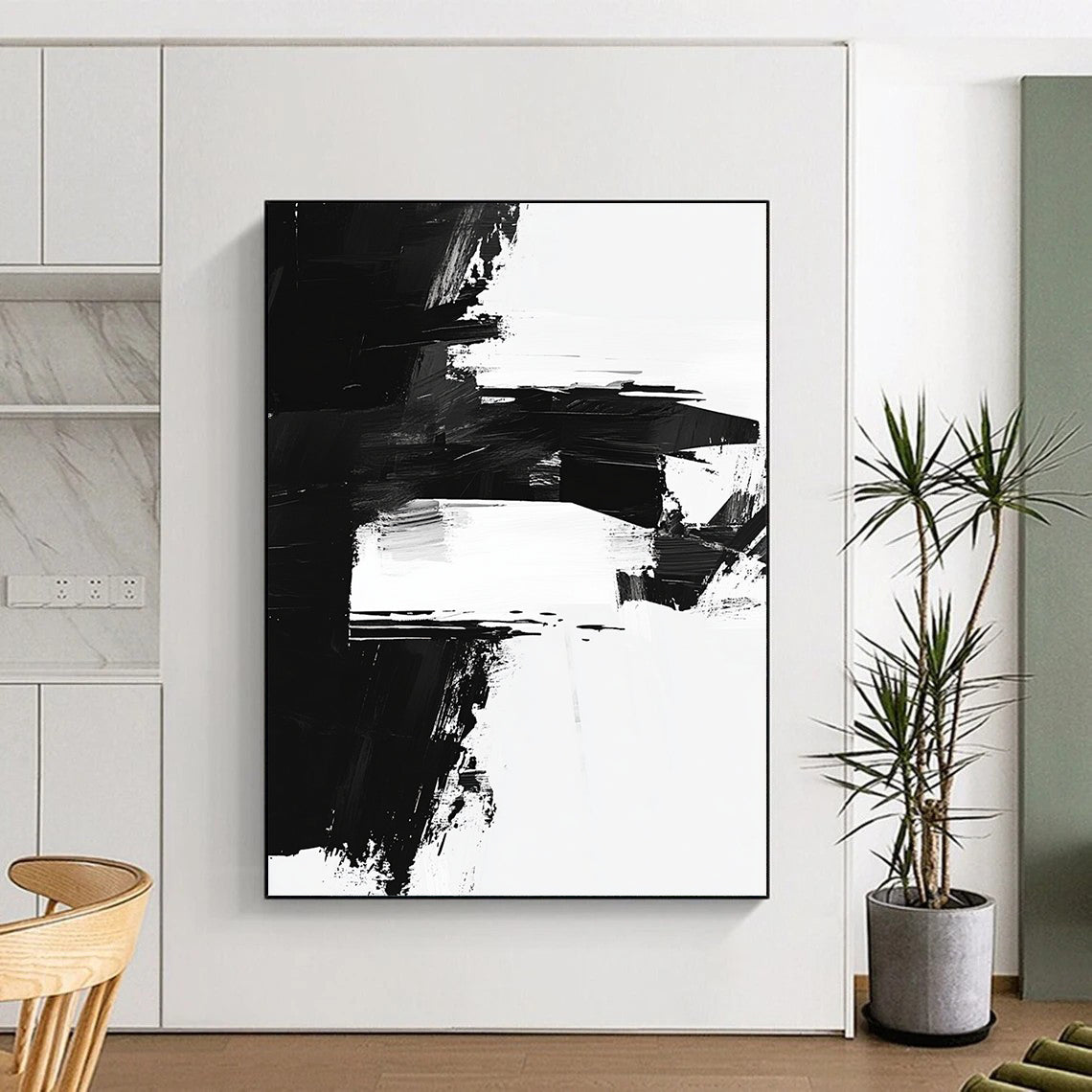 Black and White Abstract Blocks "Geometric Contrast" Painting On Canvas HB312