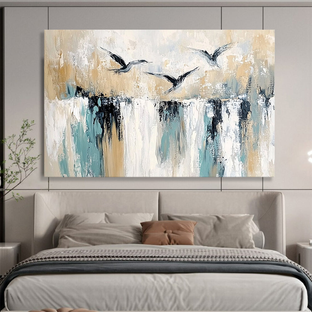 “Birds Over Textured Landscape” - Beige, Teal, Black, Bird Silhouettes - Painting On Canvas HB1412