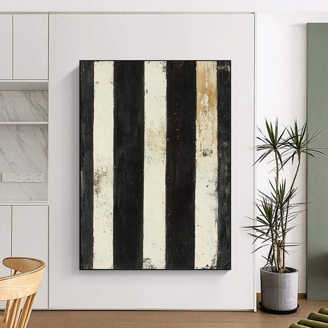 Black, White, Beige, Stripes "Vintage Striped Relic" Abstract Textured Painting On Canvas HB170