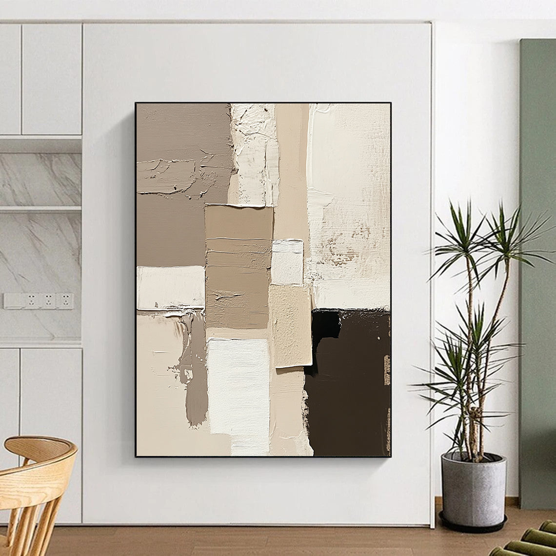 Large contemporary hand-painted abstract artwork featuring beige and neutral tones with expressive brush strokes on a minimalist canvas. DLZ0293