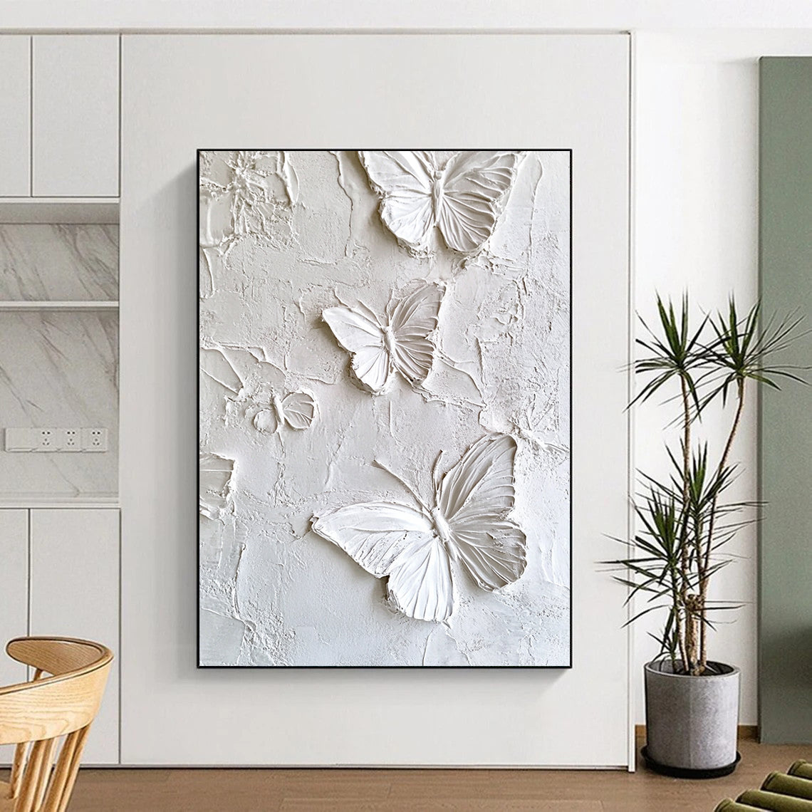 Contemporary abstract artwork featuring white butterflies on a textured plaster wall, enhanced high-definition texture detail for a striking visual impact. DLZ1739
