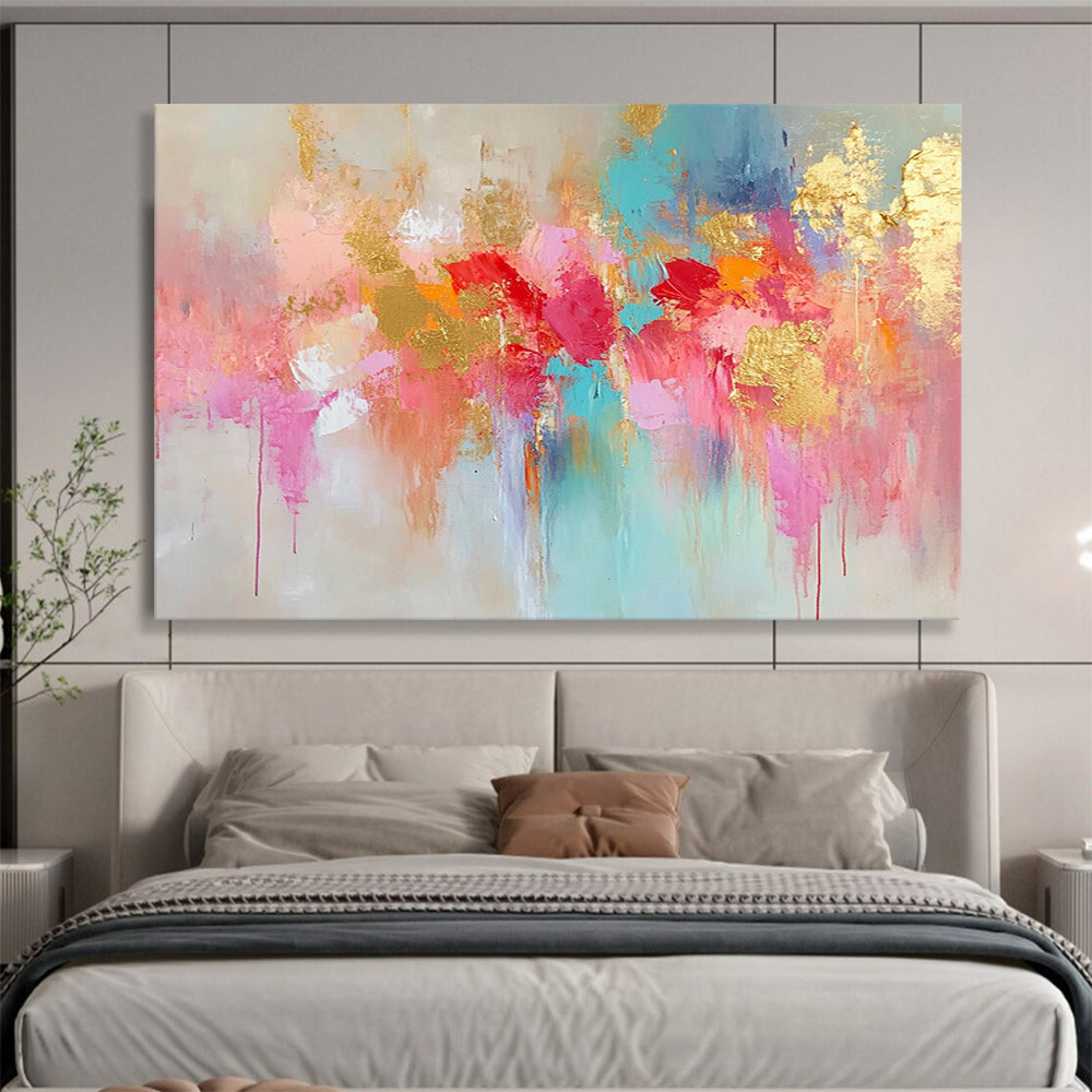 “Pink Gold Blue Abstract Drips” - Pink, gold, blue, beige; Abstract drips with gold highlights HB1290