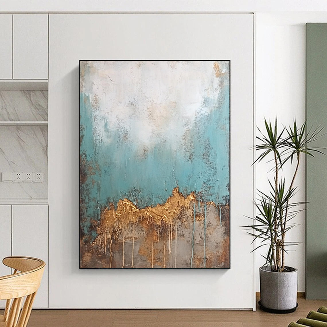Contemporary hand-painted abstract art featuring an old textured wall with peeling teal and brown paint contrasted by a clean white top with golden drips. DLZ0905