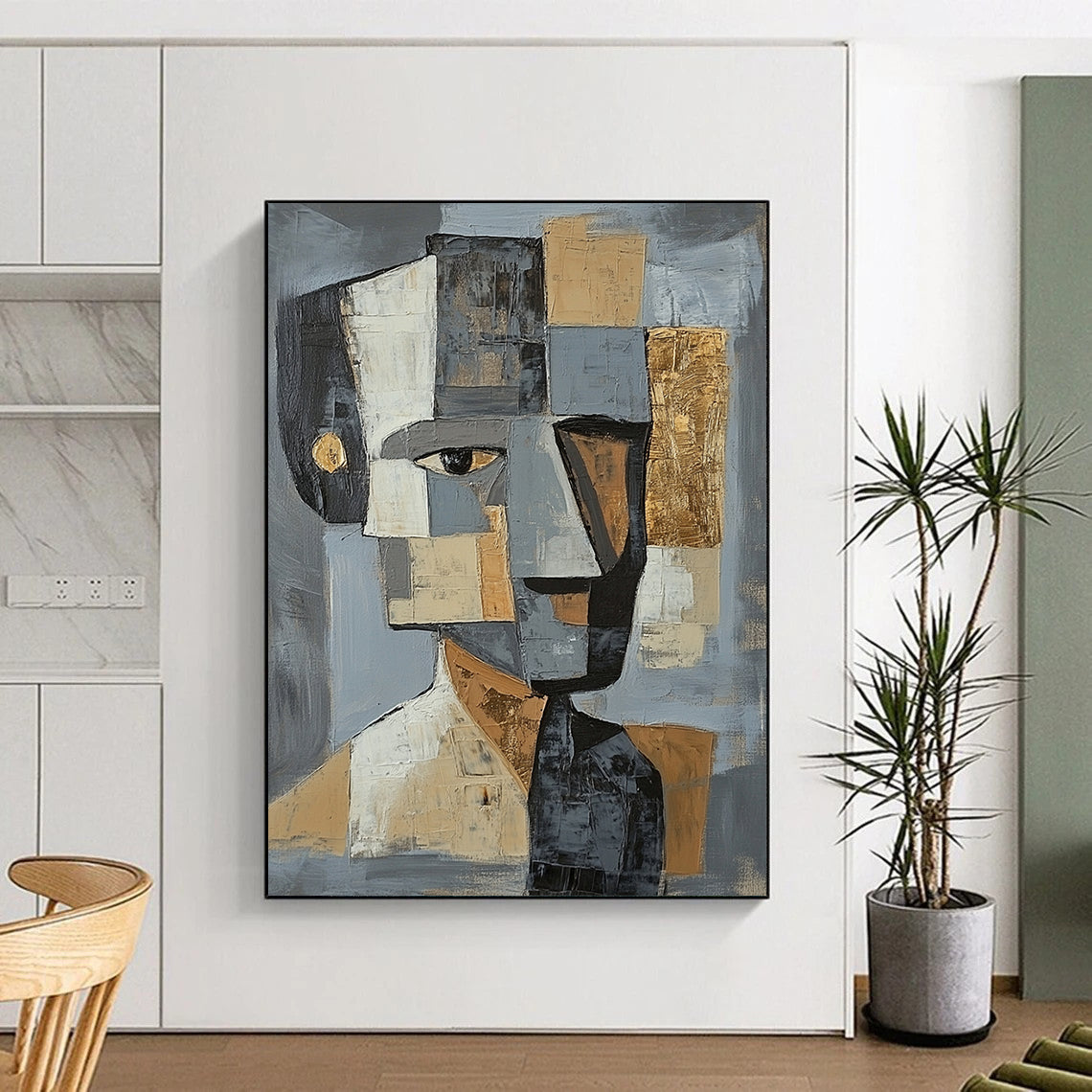 Gray, Black, White, Gold and Brown Cubist Portrait "Abstract Identity" Painting On Canvas HB356