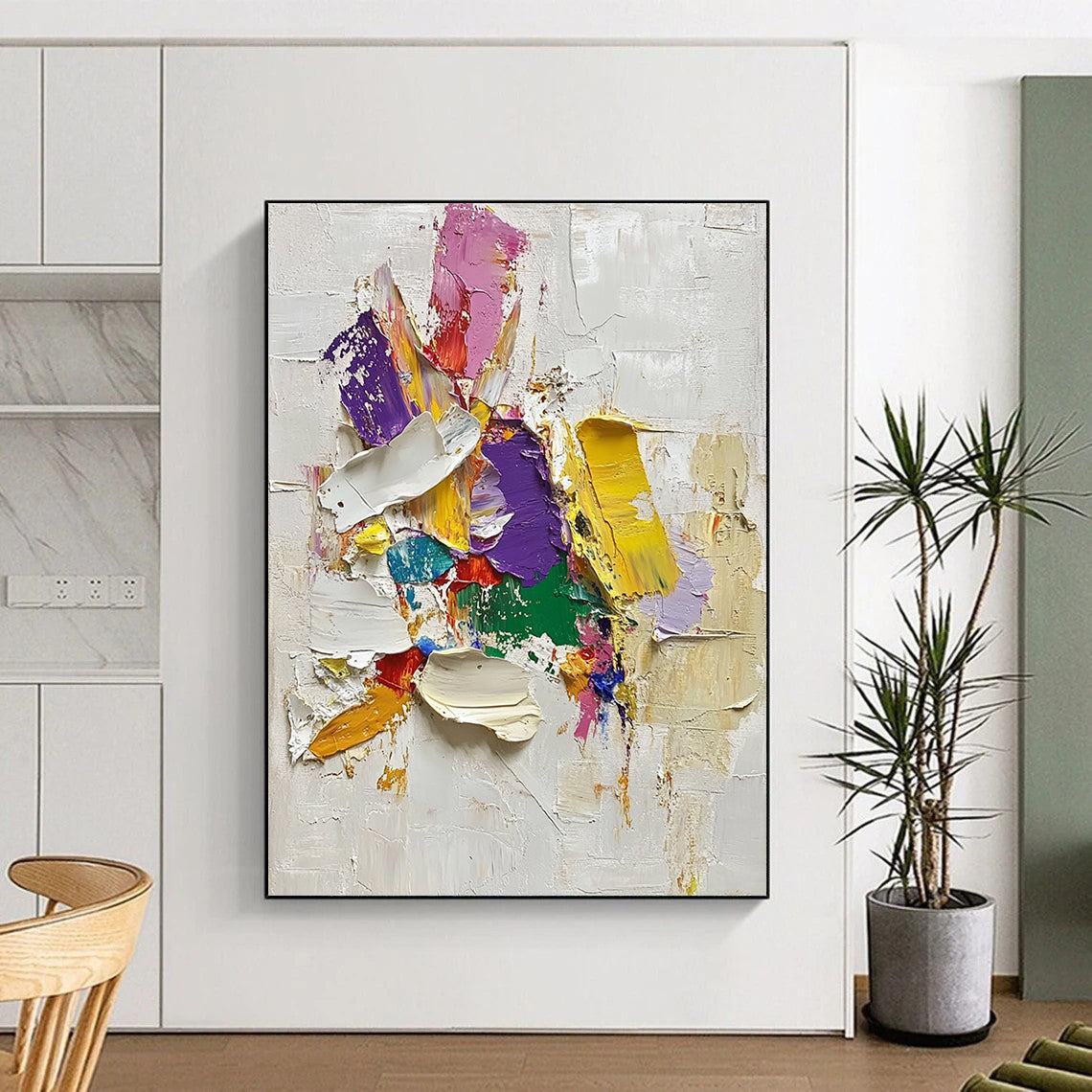 Contemporary hand-painted abstract art features vibrant paint strokes and thick oil textures on a white background with intricate details and soft edges. DLZ0578