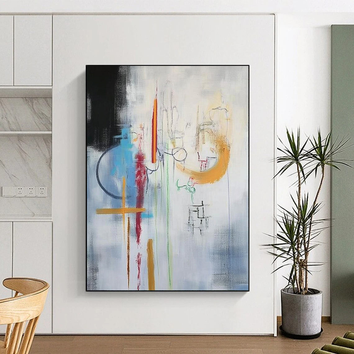 Large contemporary hand-painted abstract artwork featuring vibrant colors and dynamic shapes creating a captivating visual experience. Ideal for modern spaces. DLZ1759