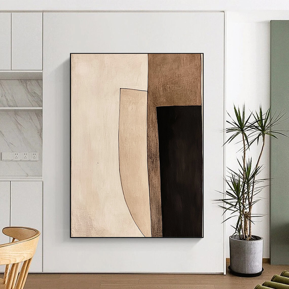 Contemporary hand-painted abstract art with geometric shapes featuring light brown and black tones bordered in white against a minimalist beige background. DLZ1424