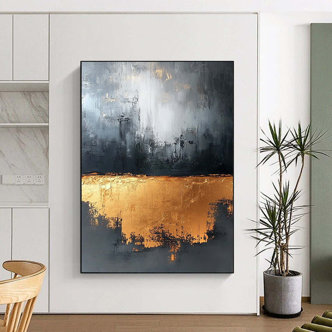 Large contemporary abstract painting in gray and gold tones with gold foil and strong textures for luxurious wall decor. DLZ0521