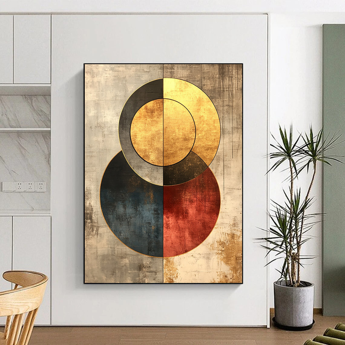 Contemporary hand-painted abstract art in gold and grey features retro circles with a grainy texture and minimalist background for timeless elegance. DLZ0266