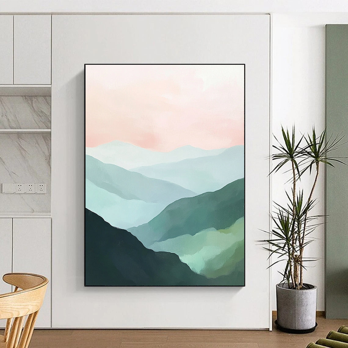 Contemporary abstract painting features green mountains and a soft pink sky creating a tranquil landscape with a harmonious color palette of mint green and pale blue. DLZ0394