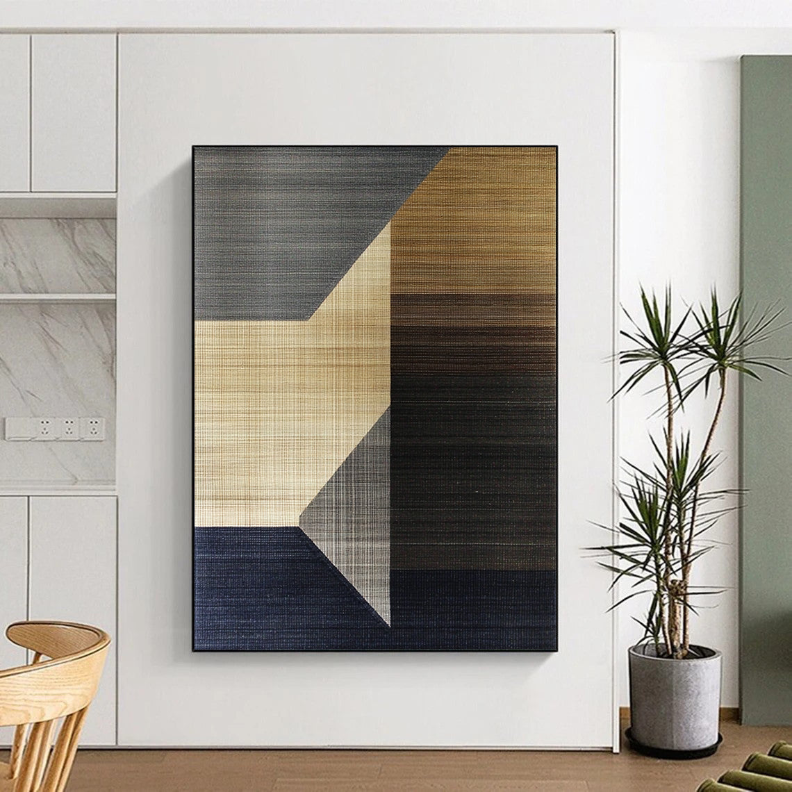 Contemporary abstract artwork with geometric shapes in earthy tones featuring soft browns and greys contrasted with dark navy and delicate line-drawn squares. DLZ1453