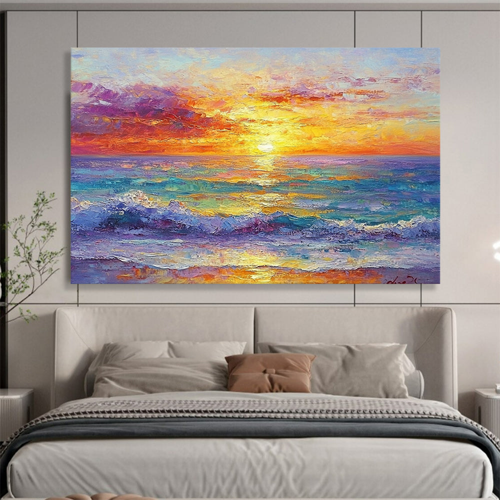 “Vibrant Sunset Over Ocean” - Oranges, Pinks, Purples, Blues, Ocean Sunset - Impasto Oil Painting HB1566