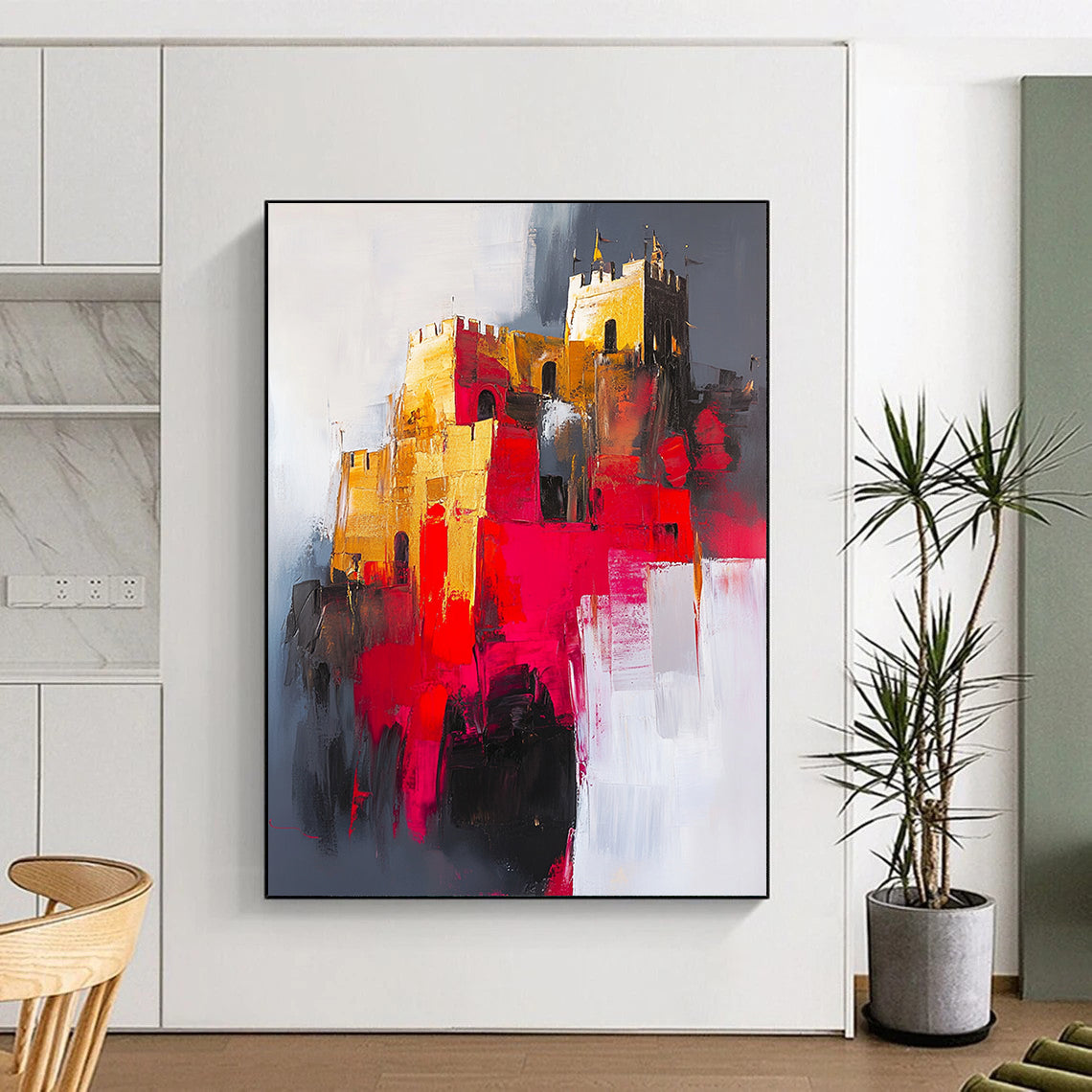 Gold, Red, Gray, White, Abstract Castle "Gilded Fortress" Abstract Impressionist Painting On Canvas HB144