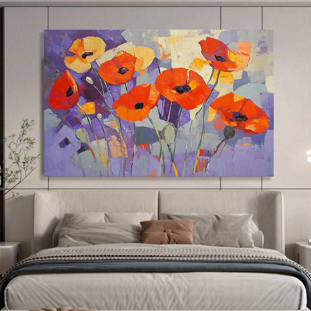 “Purple Poppy Patch” - Purple, Orange, Abstract Flowers - Cubist Oil Painting HB1488