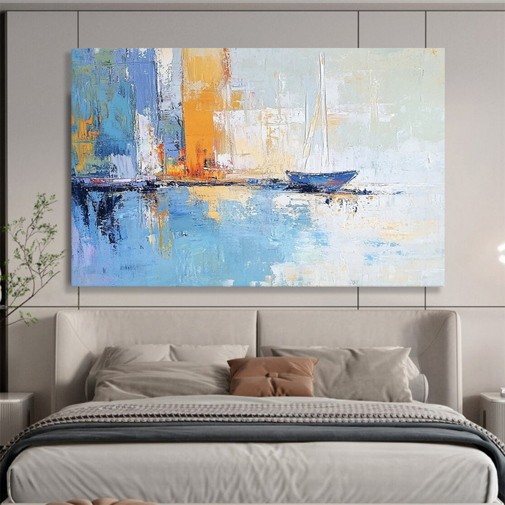 “Harbor Serenity” - Blues, oranges, yellows; Sailboat by abstract city harbor; Impasto Oil Painting On Canvas HB1176