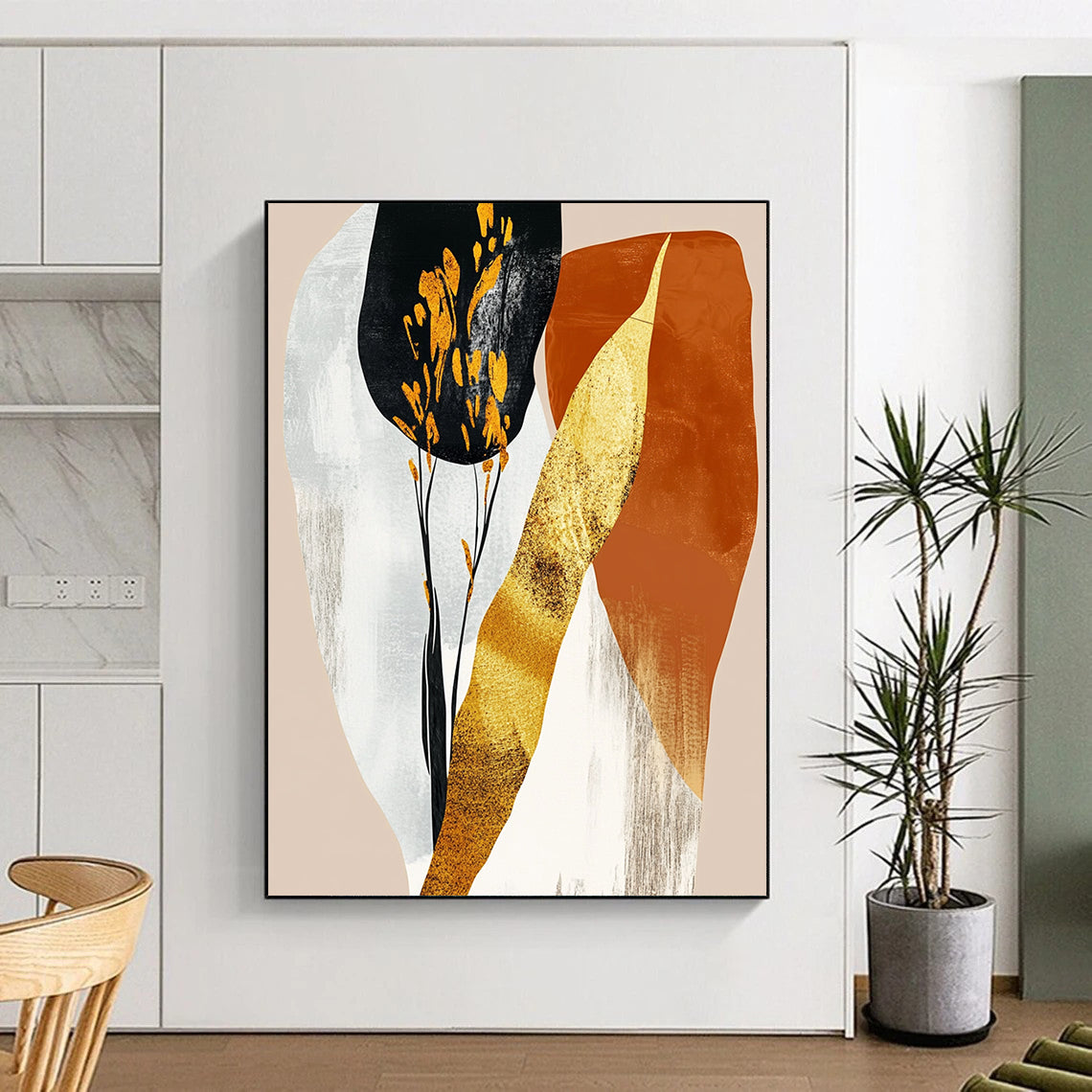 Contemporary abstract art featuring gold foil and pastel orange shapes on a beige background creates a stunning visual impact. DLZ0801