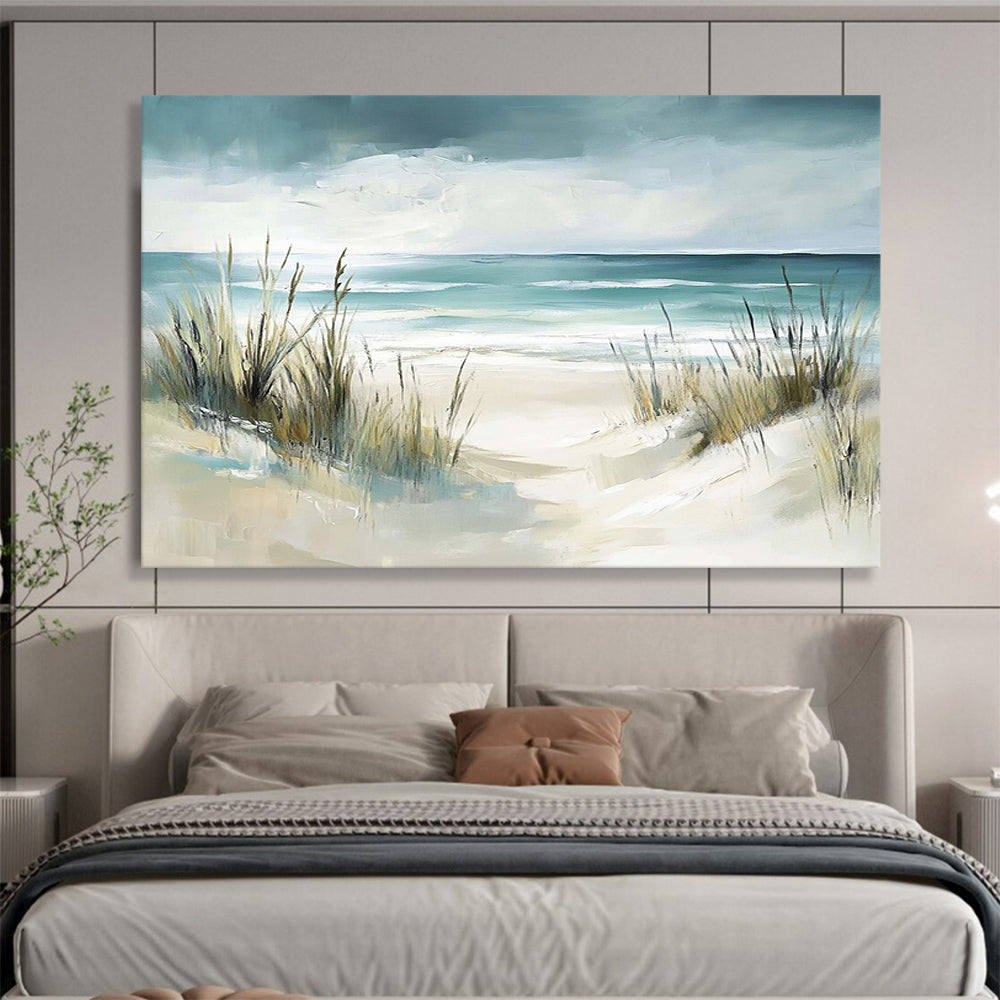 “Beach Path With Grasses” - Teal, Beige, Impressionist Beach Scene On Canvas HB0698
