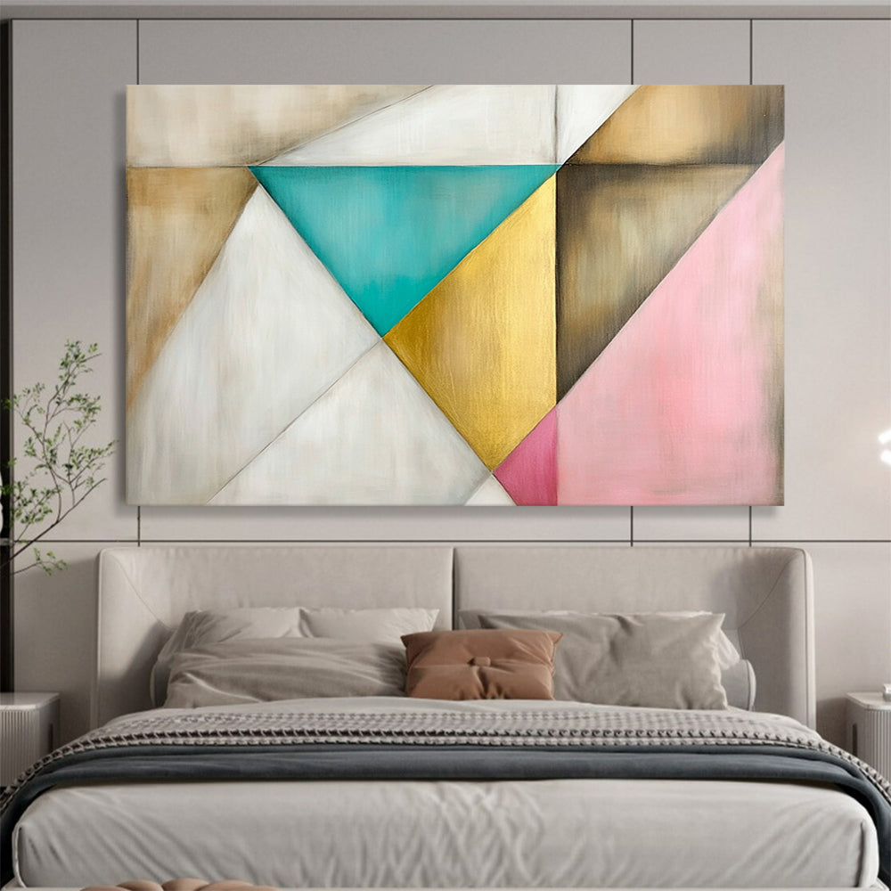 “Colorful Geometric Triangles” - Beige, Teal, Gold, Pink, Geometric Abstract Painting On Canvas HB0679