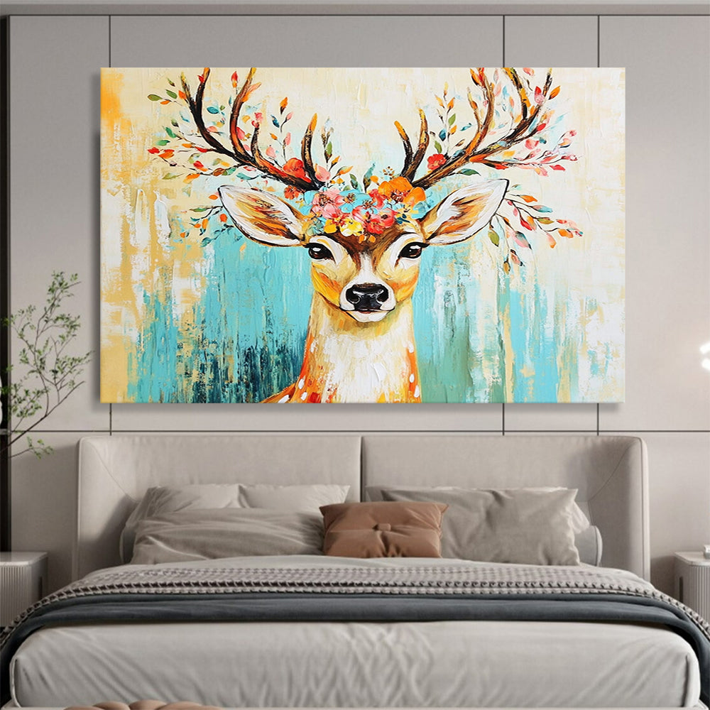“Floral - Antlered Deer” - Yellow, Blue, Colorful Flowers, Deer Portrait - Whimsical Acrylic Painting HB1677