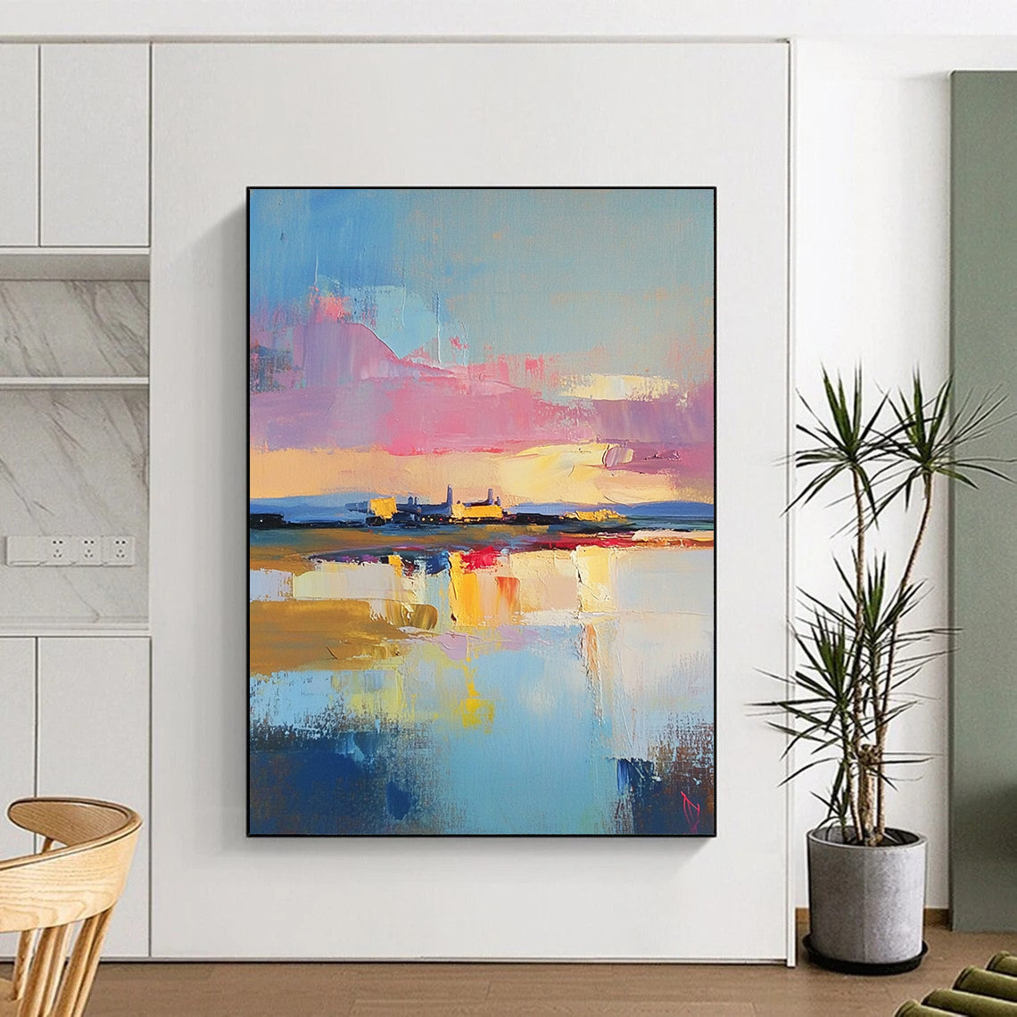 Contemporary abstract painting showcasing a dreamy oil-painted sky above an RAF base with vibrant scripted colors reflecting on water below. DLZ0660