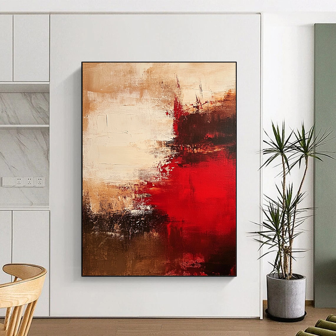 Contemporary hand-painted abstract art featuring rich red beige and brown tones ideal for modern decor. DLZ0764