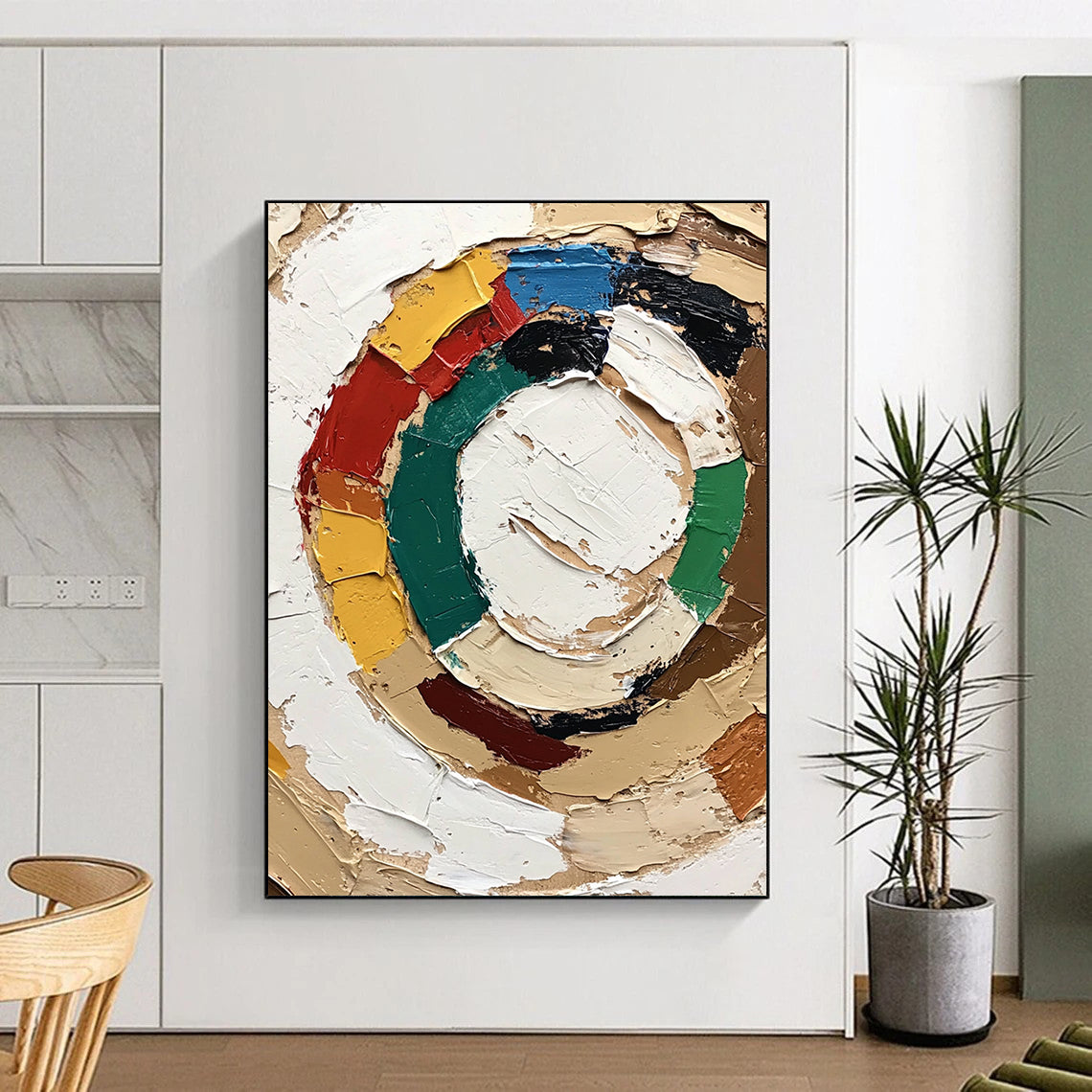 Contemporary abstract painting featuring the Olympic symbol with textured strokes and vibrant accents conveying a joyful expression in neutral colors. DLZ0654