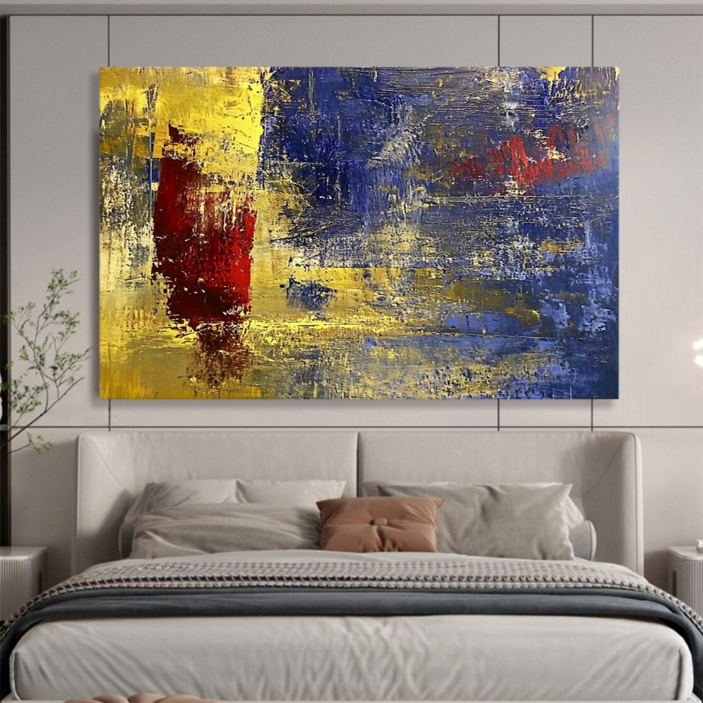 “Golden Blue Abstract” - Gold, Blue, Red, Textured Abstract Shapes Painting On Canvas HB0947
