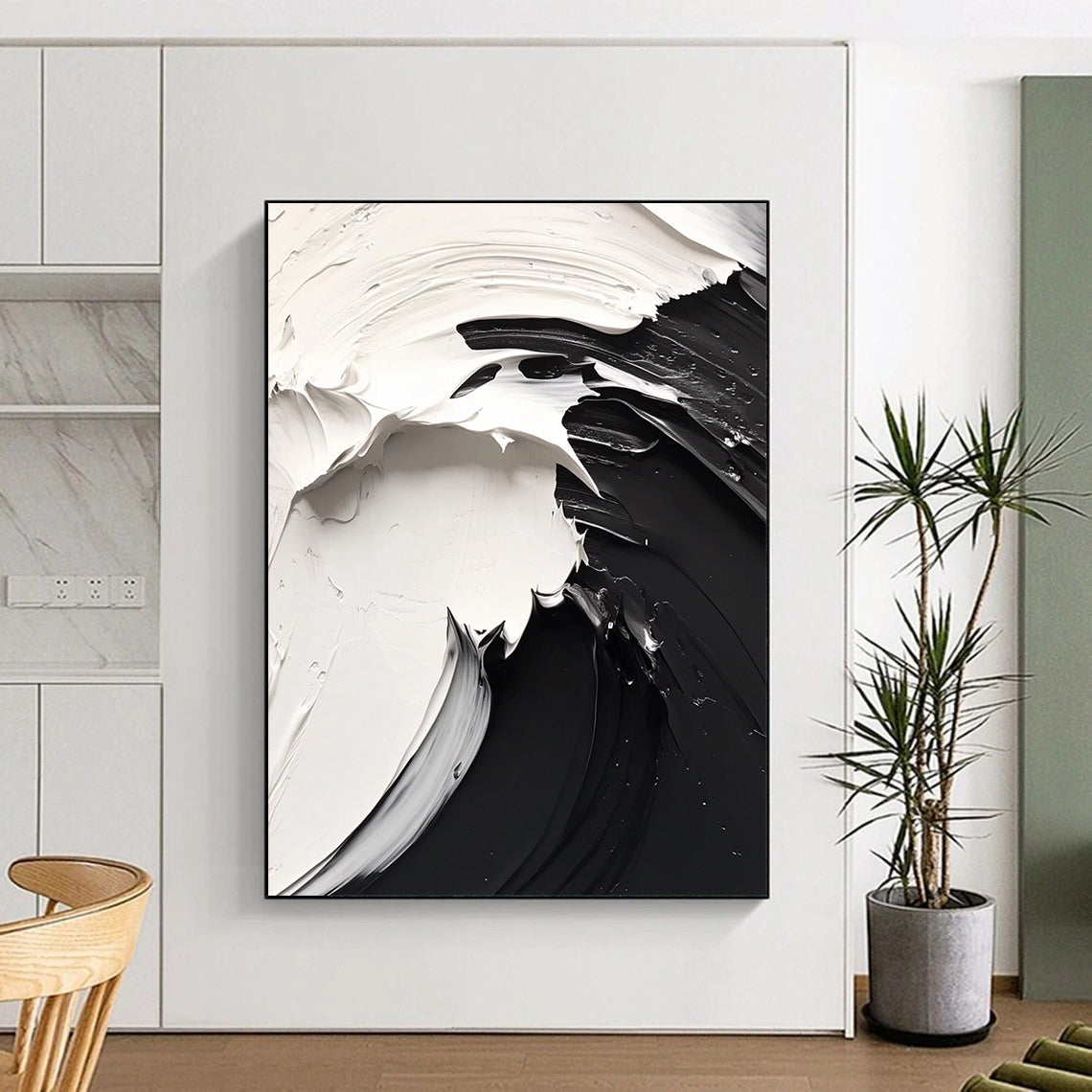 Contemporary hand-painted abstract art features dynamic flowing lines, high contrast black and white on a white background, evoking a mysterious atmosphere. DLZ1732