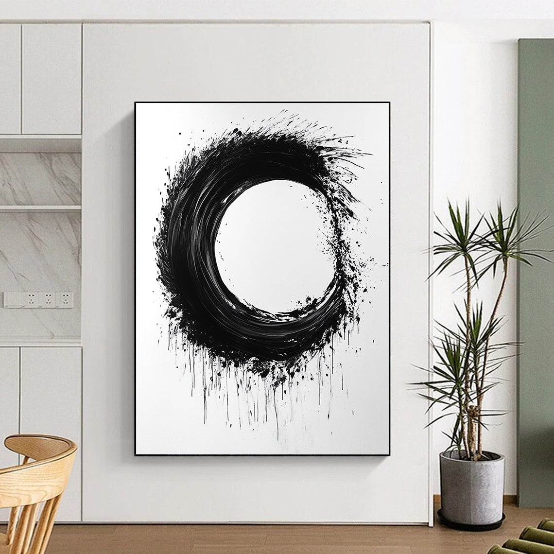 Black and White Splattered Circle "Energetic Enso" Painting On Canvas HB259