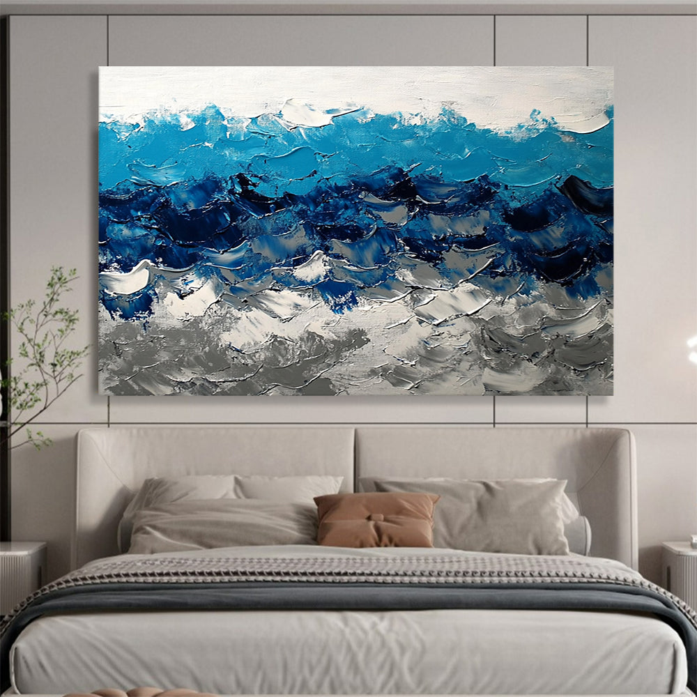 “Bold Blue Wave Textures” - Blue, White, Gray, Bold Wave Textures Painting On Canvas HB0975
