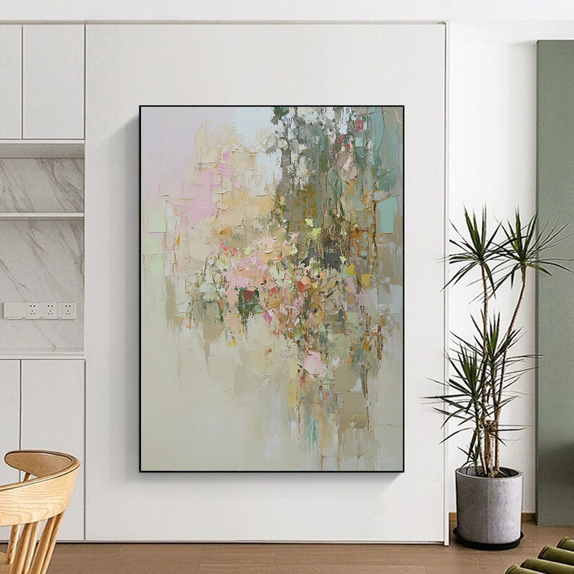 Contemporary abstract artwork showcasing an overgrown garden in muted pastels with visible textures and dreamy soft lighting emphasizing natural beauty. DLZ0889