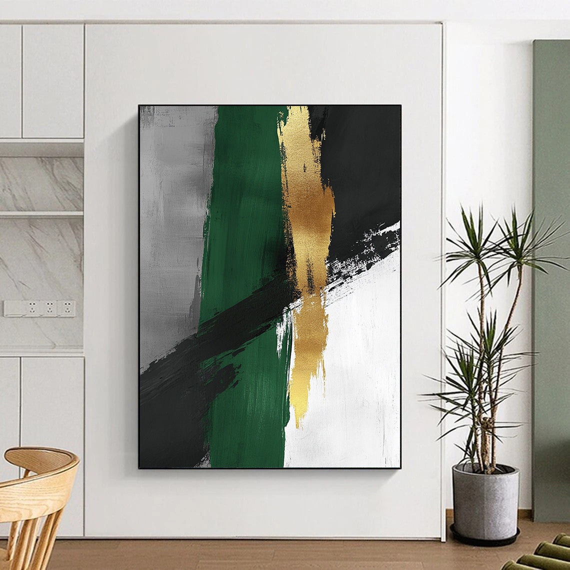 Contemporary abstract artwork featuring minimalist brush strokes in green and grey with luxurious gold accents, creating a serene and sophisticated ambiance. DLZ1615