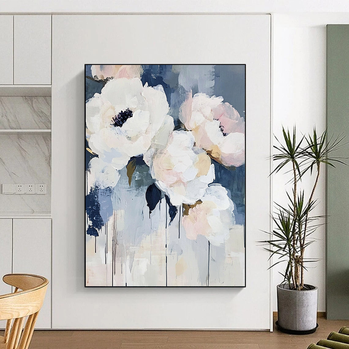 Contemporary abstract art featuring large brush strokes with light blue and white flowers such as peonies and roses accented by navy tones. DLZ0380