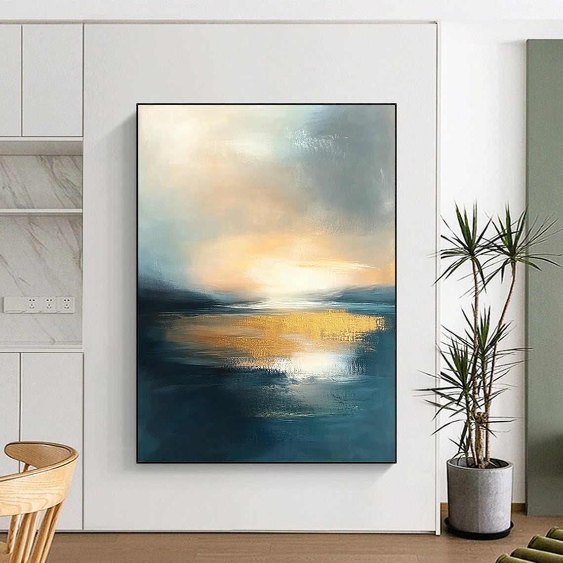 Contemporary abstract painting featuring water and sky at sunset with muted tones and gold accents, perfect for elevating any space. DLZ0494
