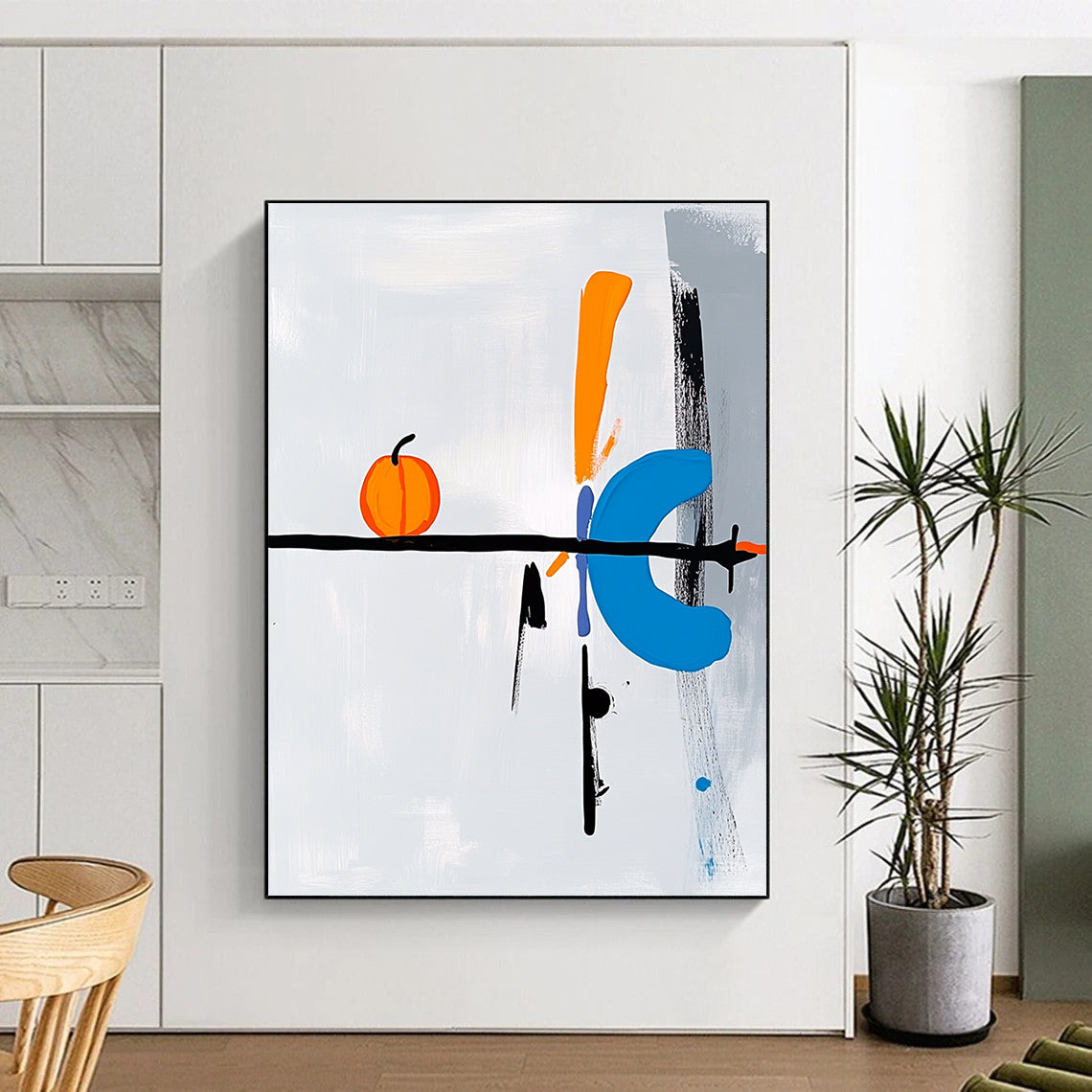 Contemporary abstract art featuring a right-pointing arrow in blue black white and orange with Oostutto text and a whimsical pumpkin element on a light grey background DLZ1336