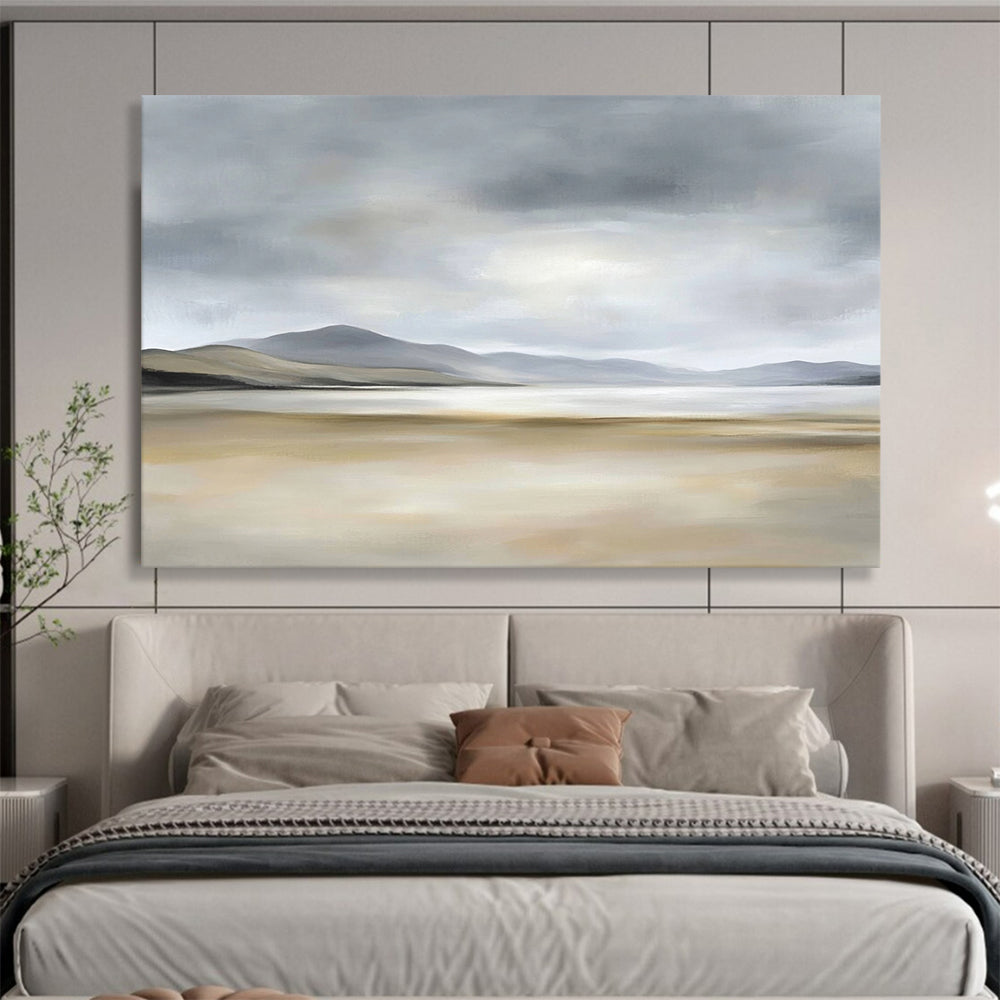 “Misty Coastal Landscape” - Gray, Beige, Minimalist Coastal Painting On Canvas HB0699