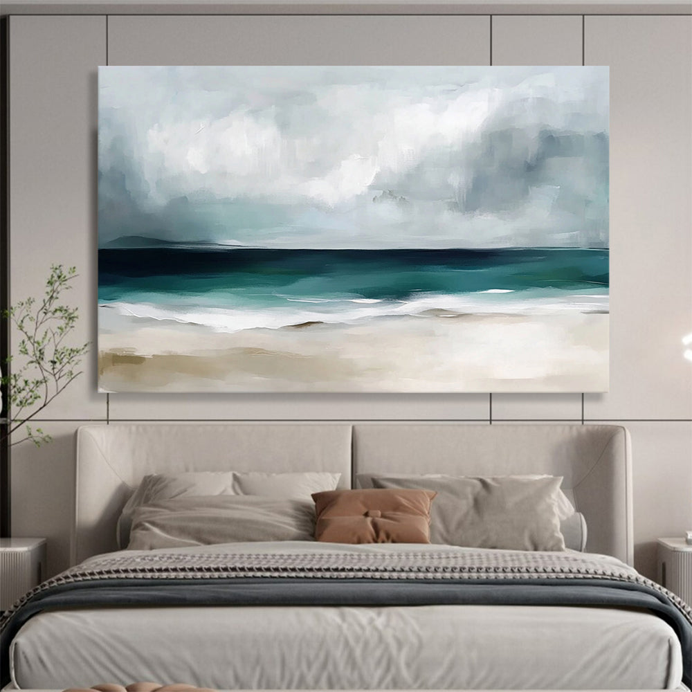 “Stormy Beach Abstract” - Gray, Teal, White, Beige - Abstract Stormy Beach Scene - Acrylic Painting HB1310