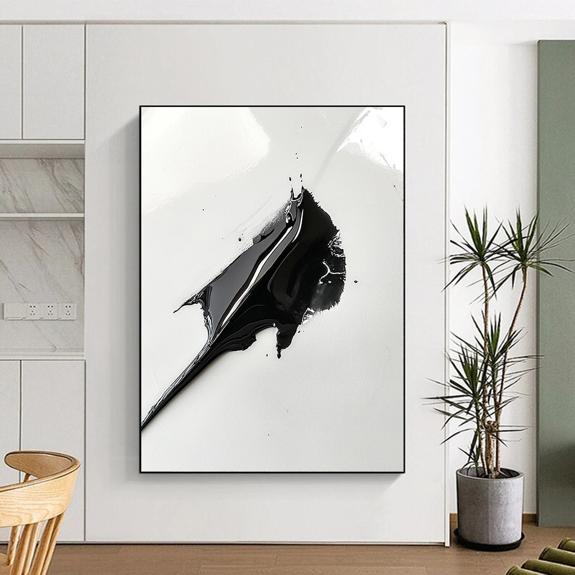 Contemporary abstract art featuring a black paint spread resembling a shark's fin on a white background capturing intricate details with a macro lens effect. DLZ1556