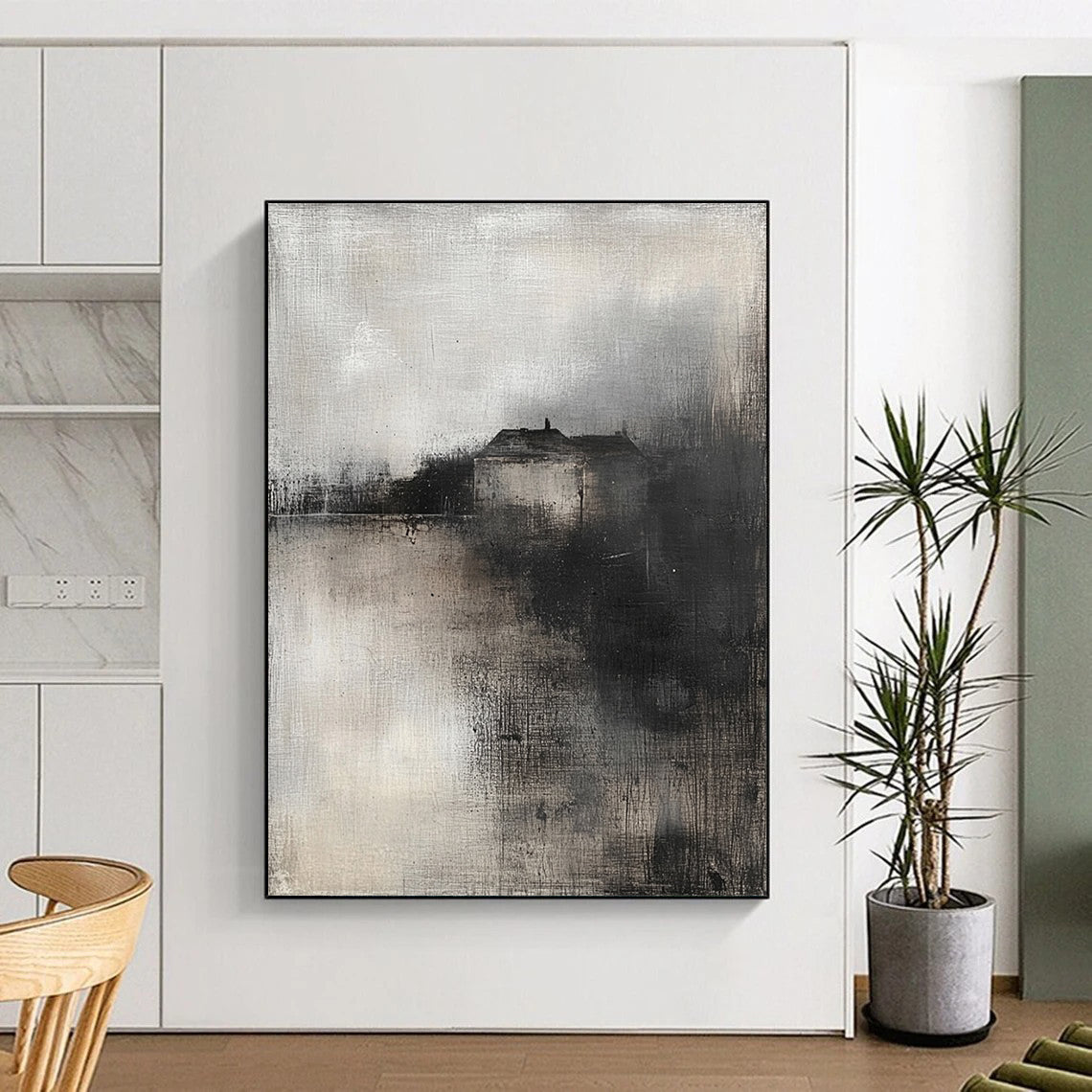 Contemporary abstract painting featuring a soft misty landscape with neutral tones and a small village on the horizon. DLZ0389