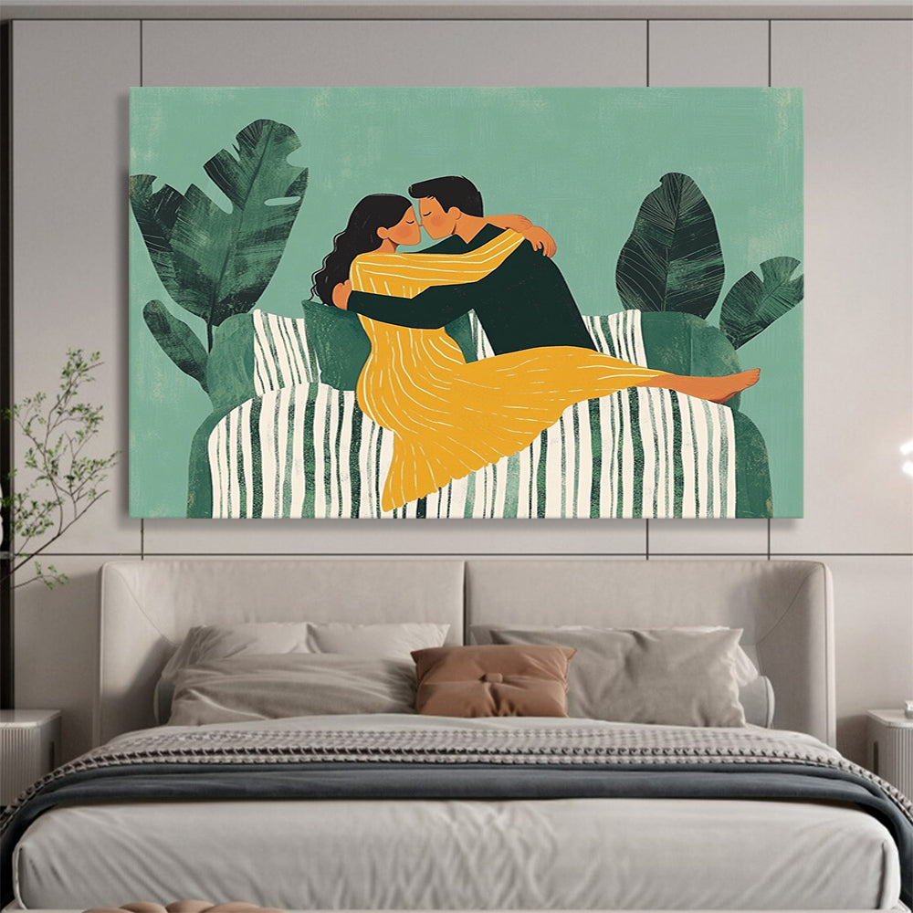 “Cozy Couples’ Embrace” - Greens, Yellows, Whites, Loving Illustration - Whimsical Wall Art HB1562
